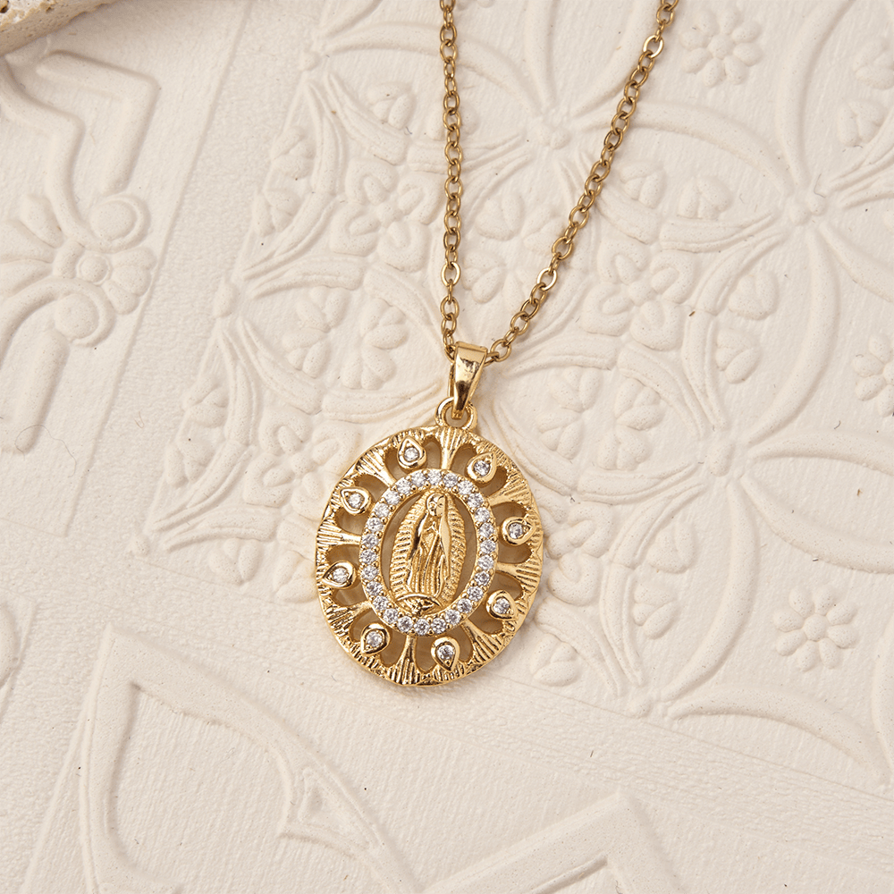 Golden Filigree Our Lady of Guadalupe Pendant Necklace: A Symbol of Marian Grace and Timeless Beauty