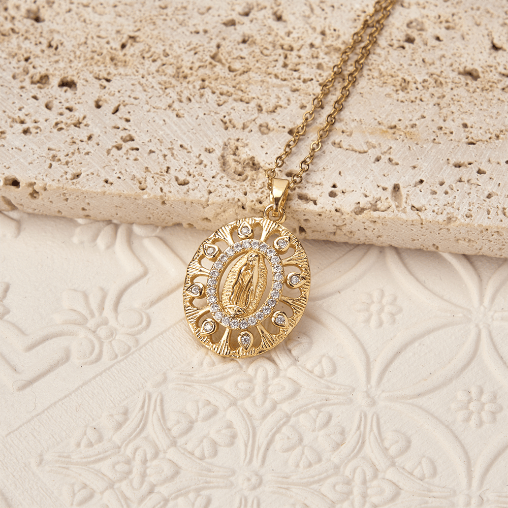 Golden Filigree Our Lady of Guadalupe Pendant Necklace: A Symbol of Marian Grace and Timeless Beauty