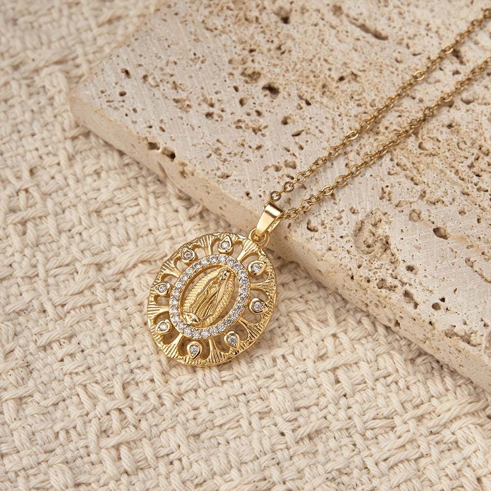 Golden Filigree Our Lady of Guadalupe Pendant Necklace: A Symbol of Marian Grace and Timeless Beauty