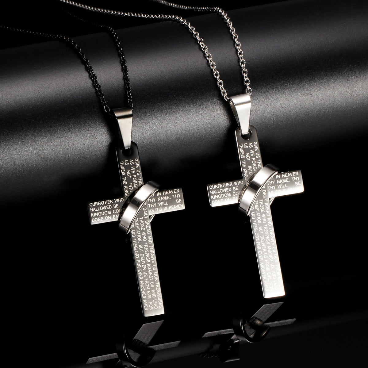 Lord’s Prayer Engraved Cross Pendant Necklace with Spinning Ring