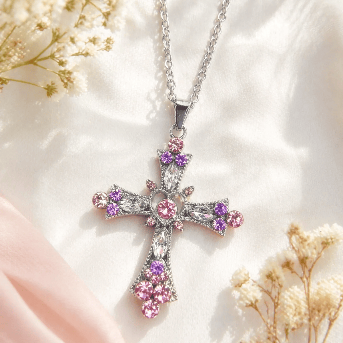 Pink & Purple Tone Zircon Cross Necklace with Heart Accent: A Dazzling Symbol of Love and Devotion