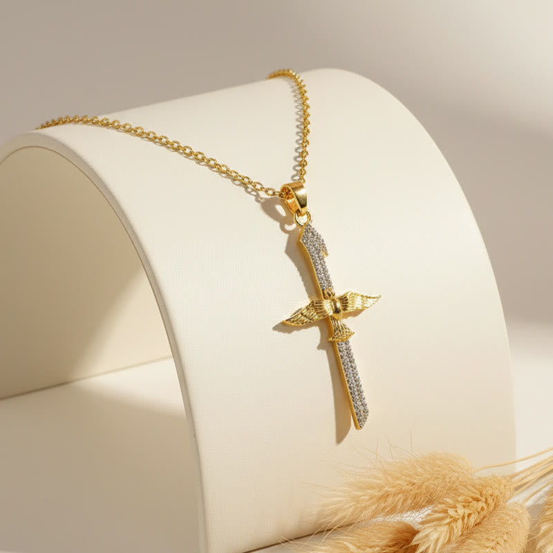 Sparkling Zircon Sword Cross Necklace with Dove Wings: A Reminder of Divine Protection