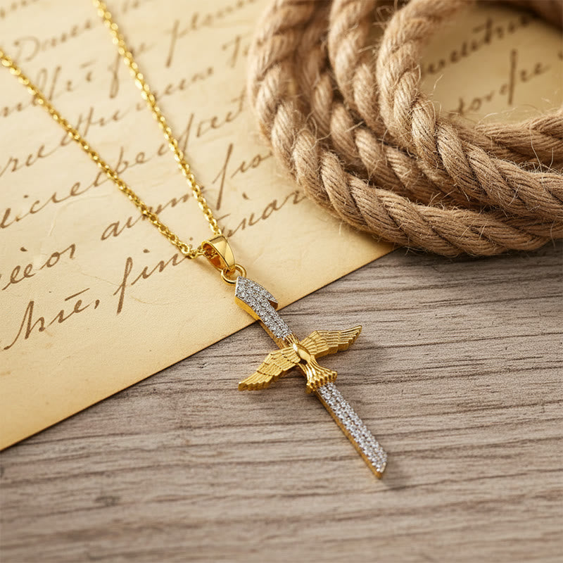 Sparkling Zircon Sword Cross Necklace with Dove Wings: A Reminder of Divine Protection