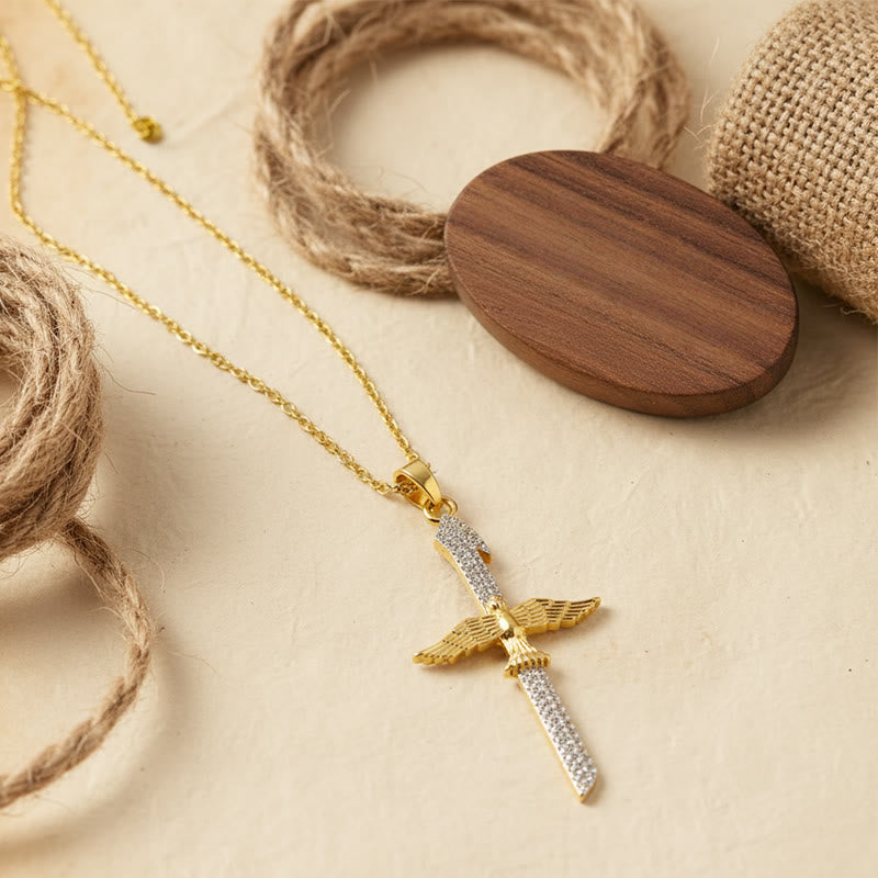 Sparkling Zircon Sword Cross Necklace with Dove Wings: A Reminder of Divine Protection