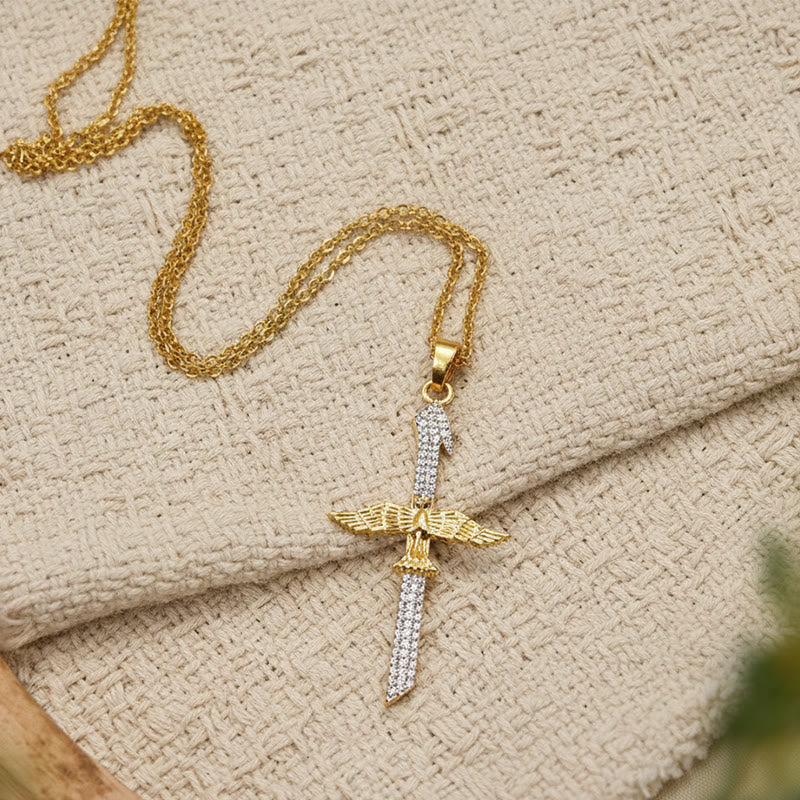Sparkling Zircon Sword Cross Necklace with Dove Wings: A Reminder of Divine Protection