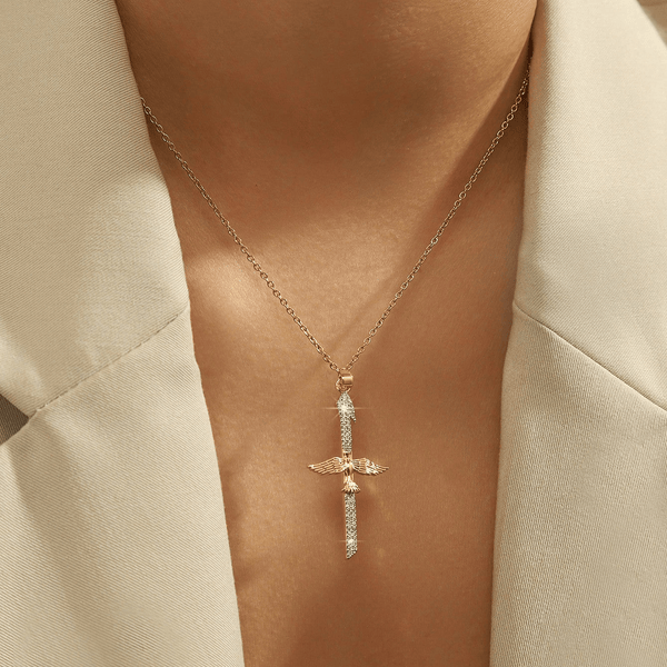 Sparkling Zircon Sword Cross Necklace with Dove Wings: A Reminder of Divine Protection