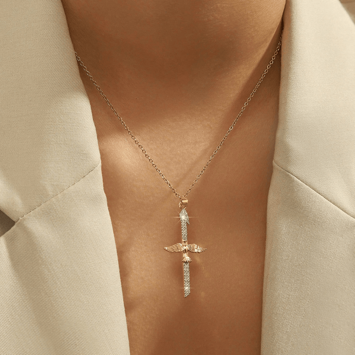Sparkling Zircon Sword Cross Necklace with Dove Wings: A Reminder of Divine Protection