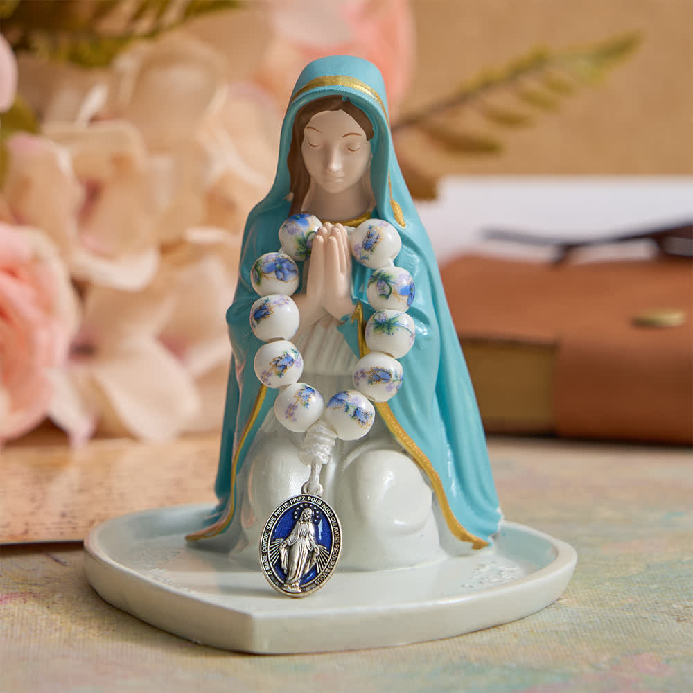 Blue Floral Ceramic Finger Rosary with Our Lady Devotion