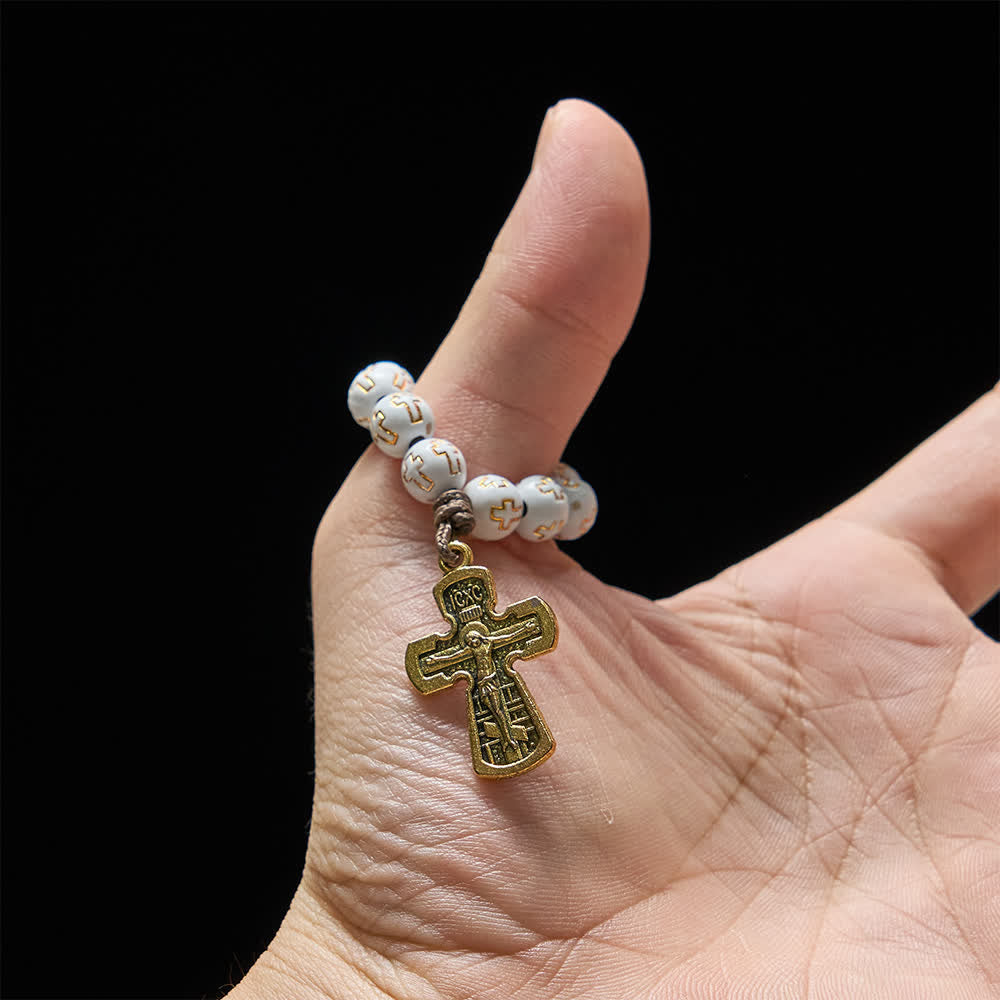 White Beads with Golden Cross Finger Rosary with Orthodox Crucifix