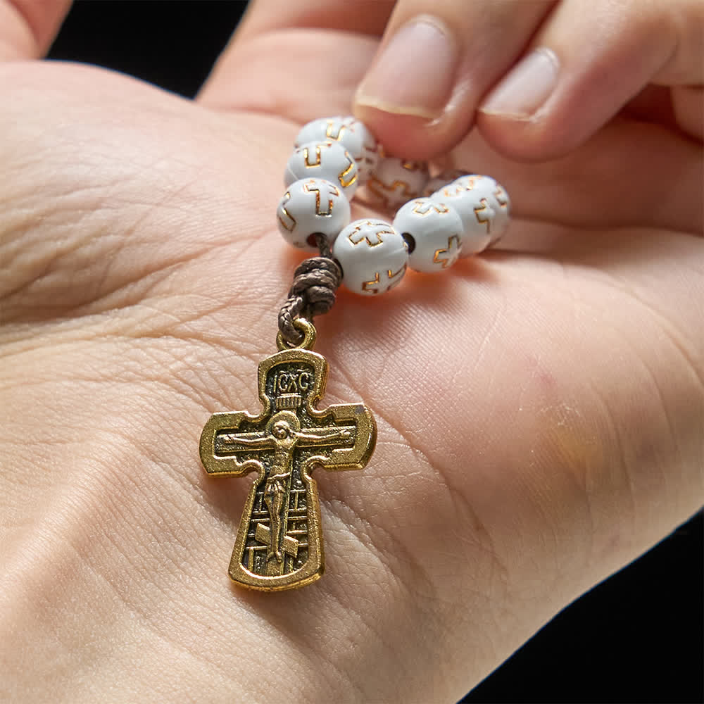 White Beads with Golden Cross Finger Rosary with Orthodox Crucifix