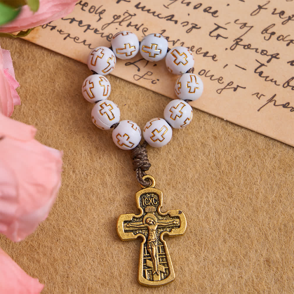 White Beads with Golden Cross Finger Rosary with Orthodox Crucifix