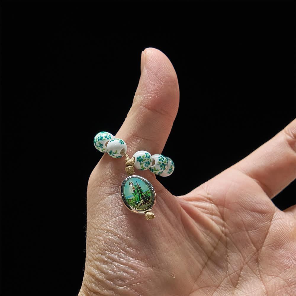 Green Floral Ceramic Finger Rosary with St. Jude Medal