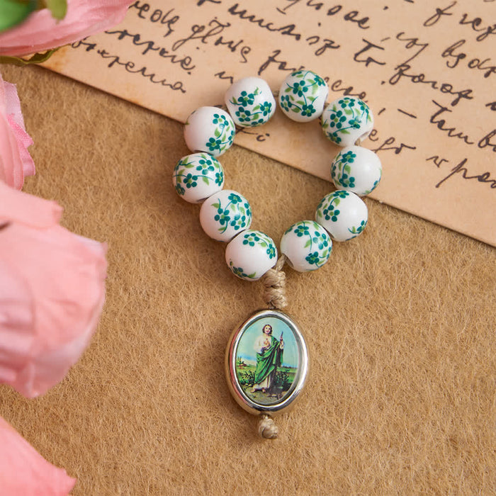 Green Floral Ceramic Finger Rosary with St. Jude Medal