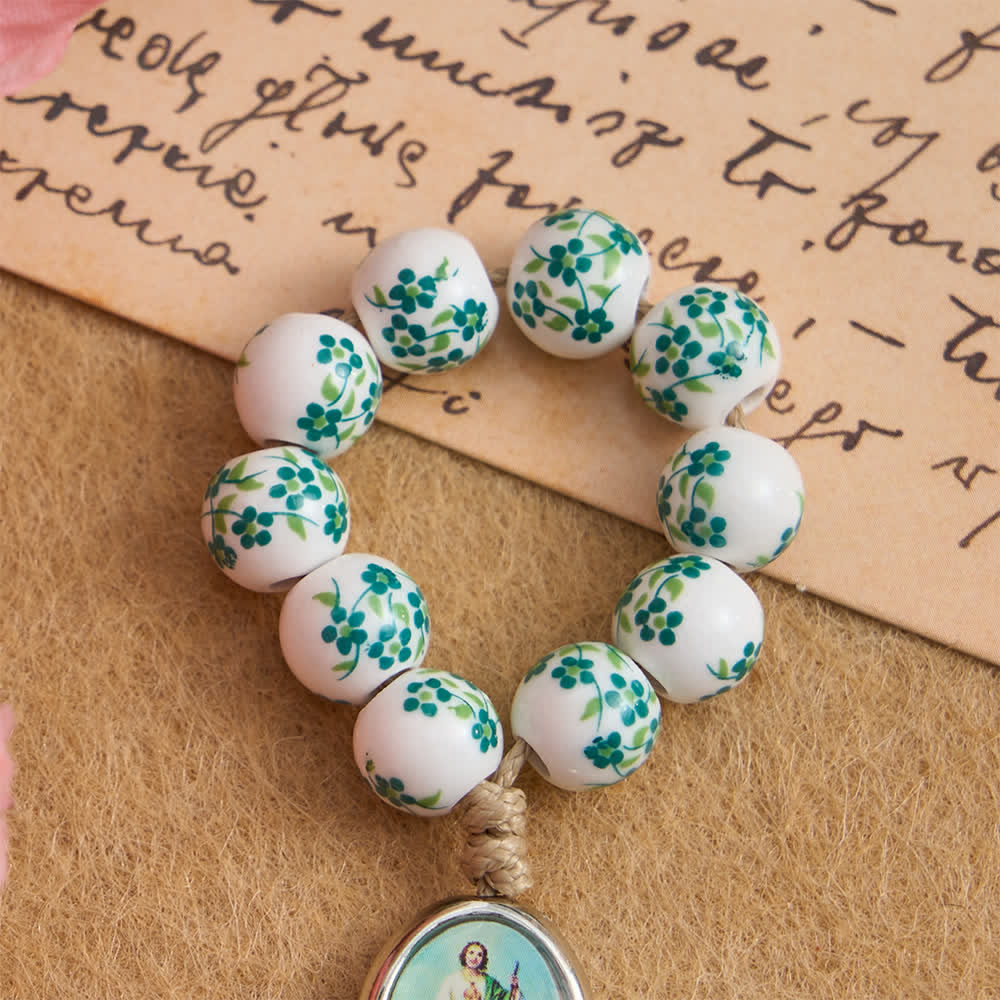 Green Floral Ceramic Finger Rosary with St. Jude Medal