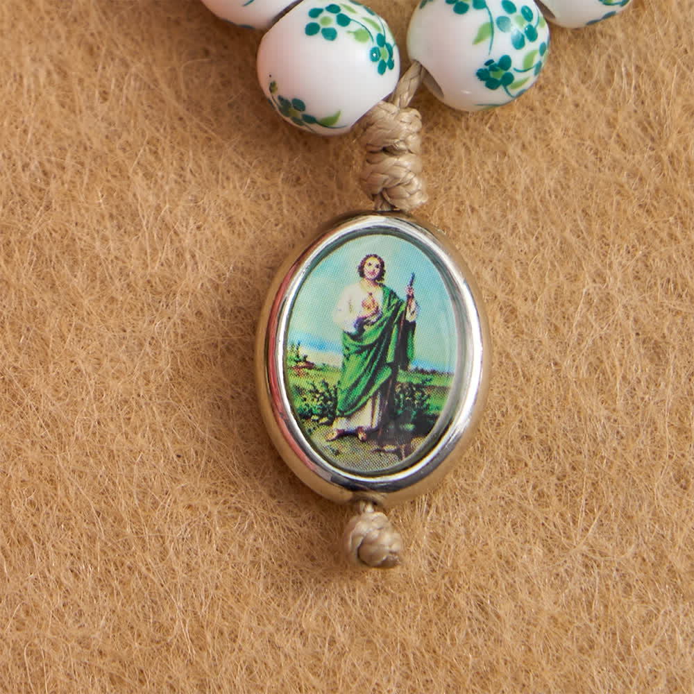 Green Floral Ceramic Finger Rosary with St. Jude Medal