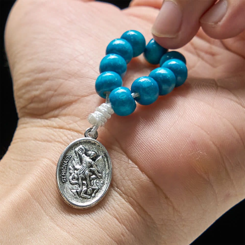 Blue Dyed Maple Wood Finger Rosary with St. Michael Protection