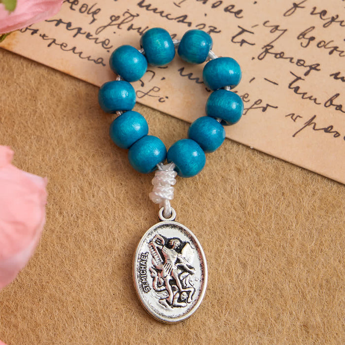 Blue Dyed Maple Wood Finger Rosary with St. Michael Protection