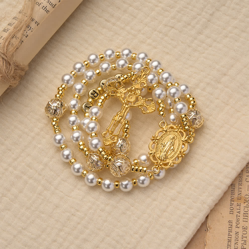 Elegant White Virgin Mary Rosary with Custom Name Letters