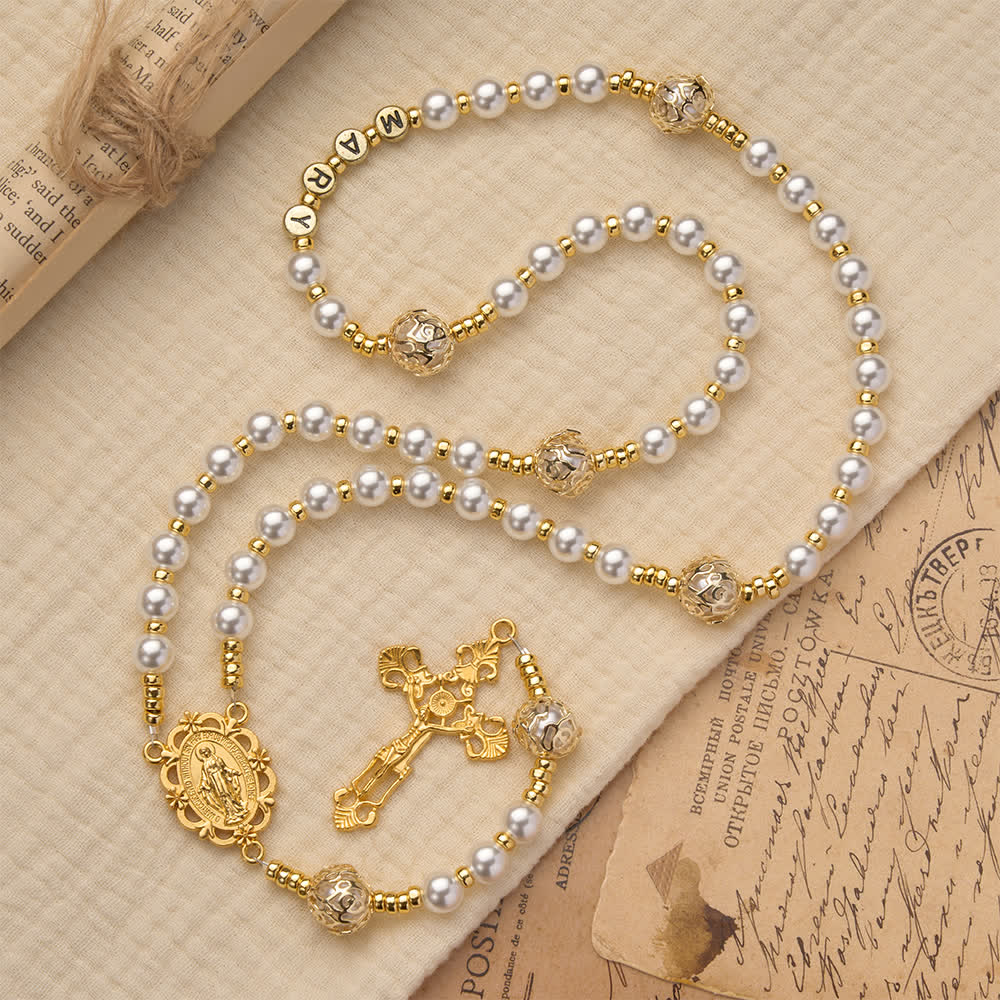 Elegant White Virgin Mary Rosary with Custom Name Letters