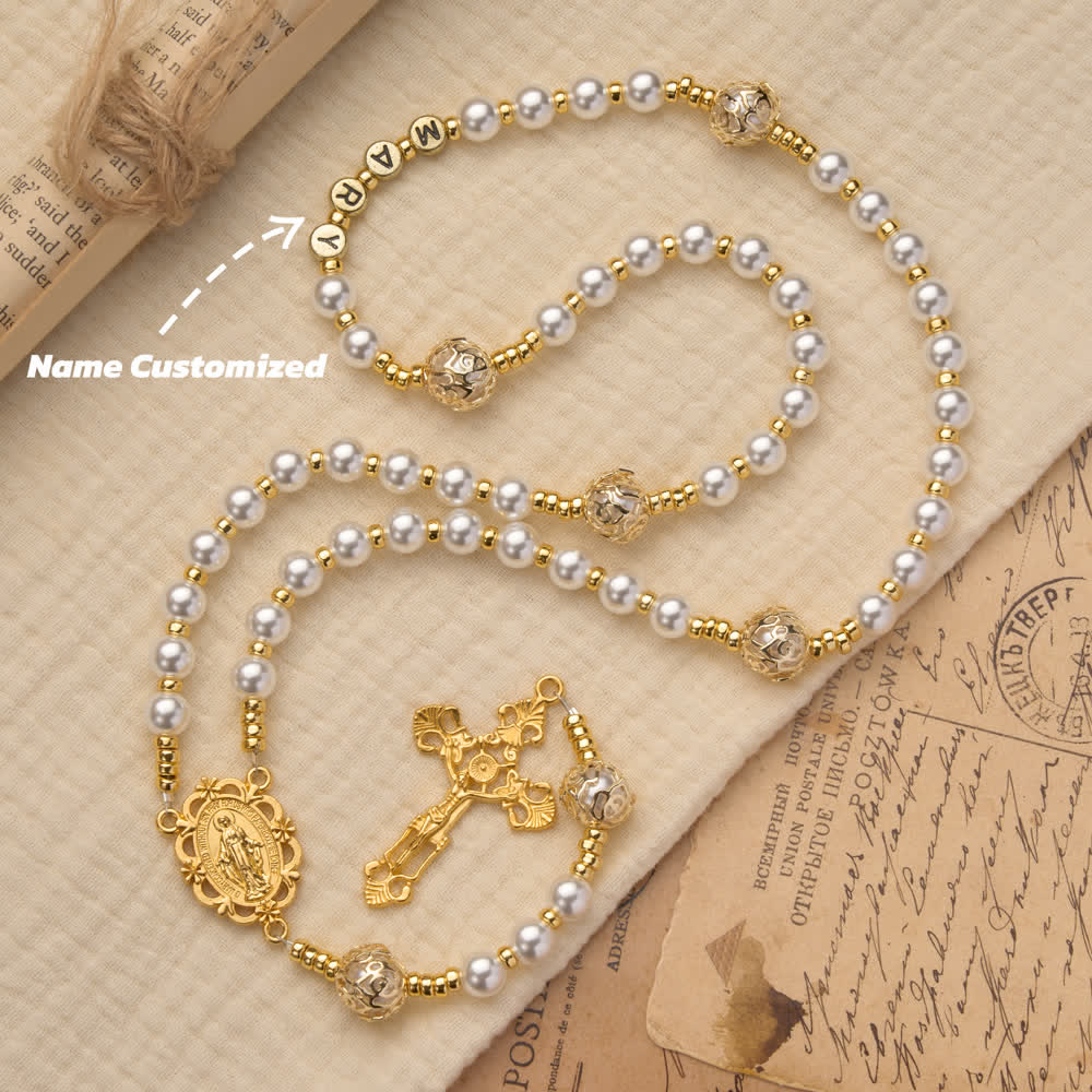 Elegant White Virgin Mary Rosary with Custom Name Letters