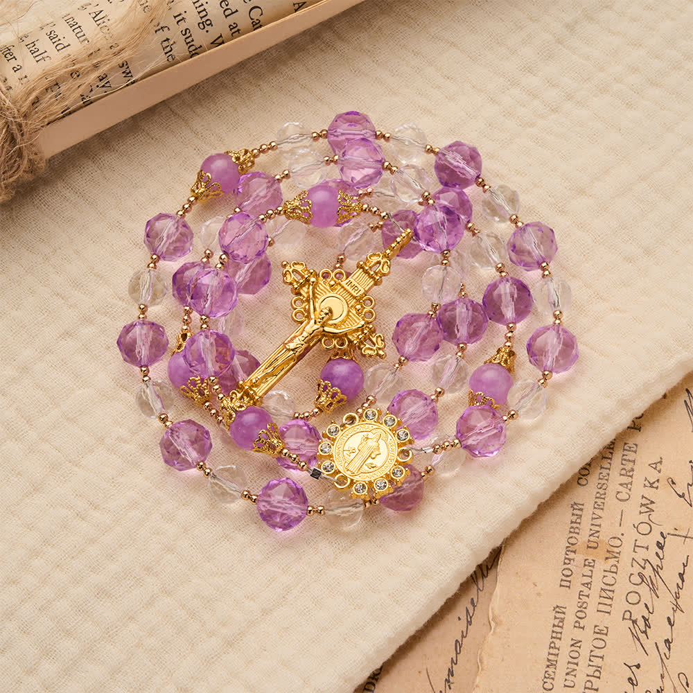 Two-Tone Faceted Beads Purple Rosary with St. Benedict & Crucifix
