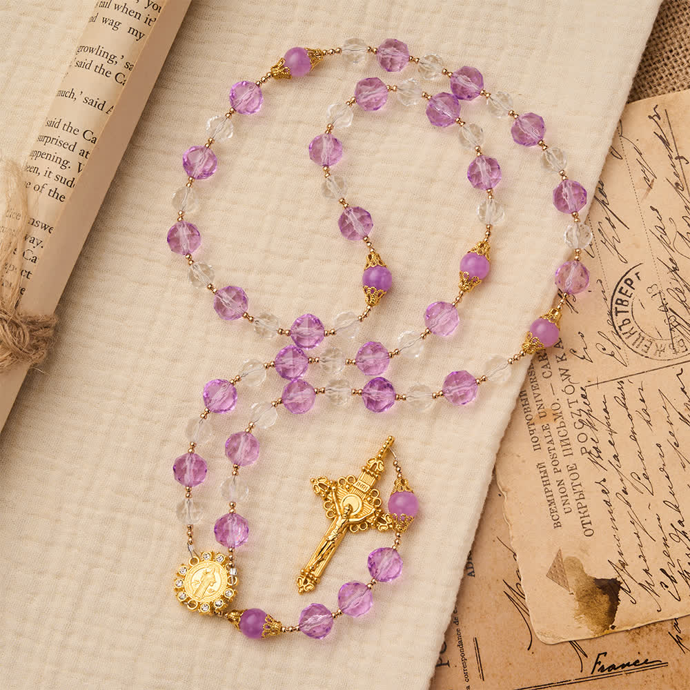 Two-Tone Faceted Beads Purple Rosary with St. Benedict & Crucifix