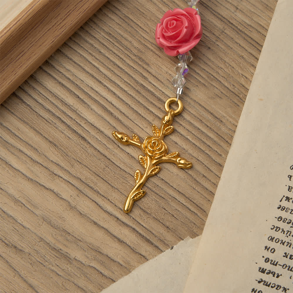 Spring Grace Purple Floral Rosary with Pink Rose and Cross