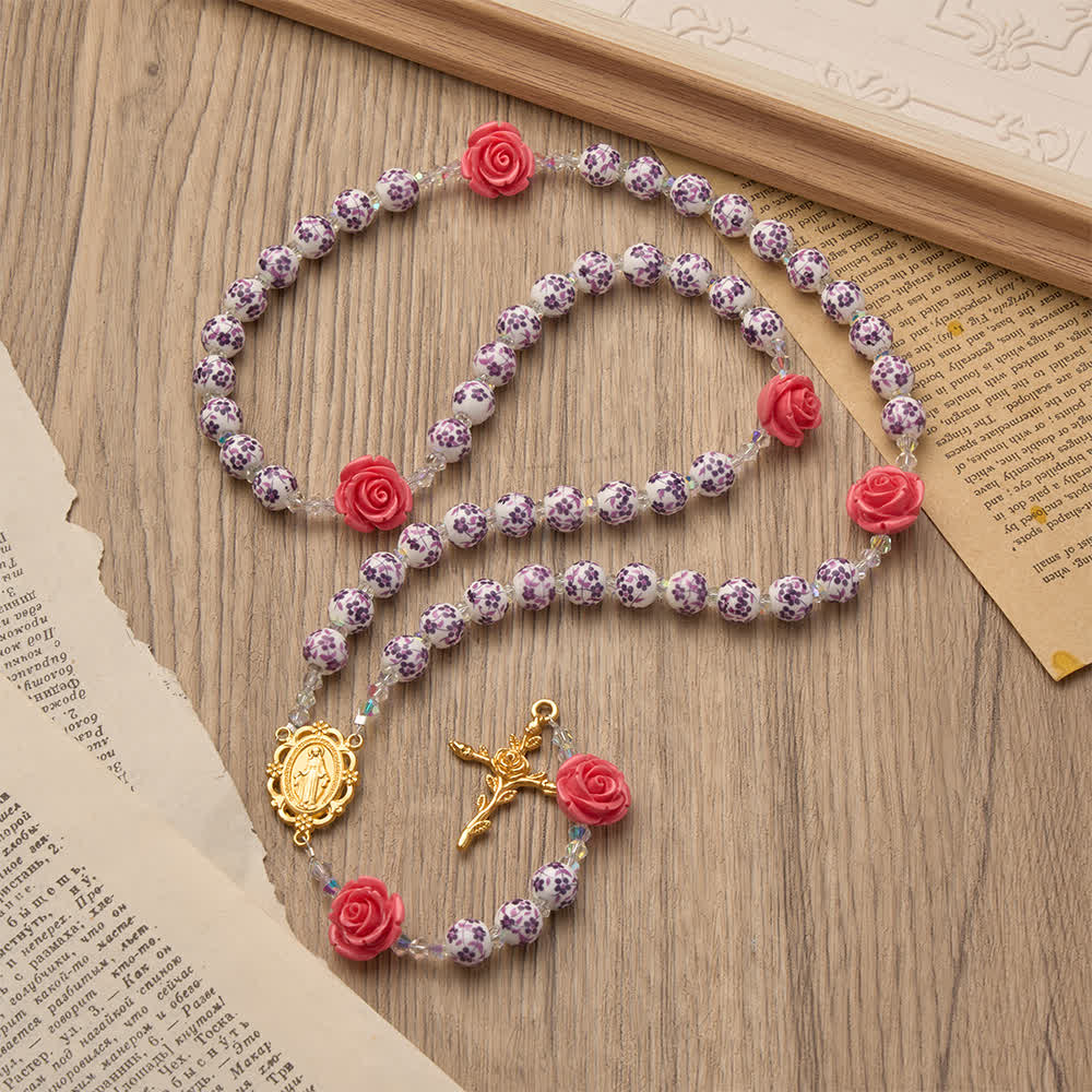 Spring Grace Purple Floral Rosary with Pink Rose and Cross