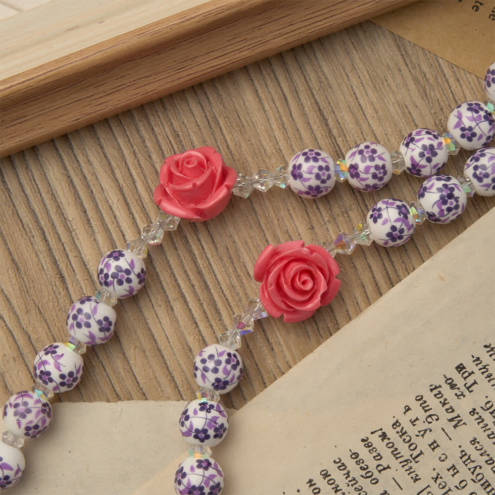 Spring Grace Purple Floral Rosary with Pink Rose and Cross