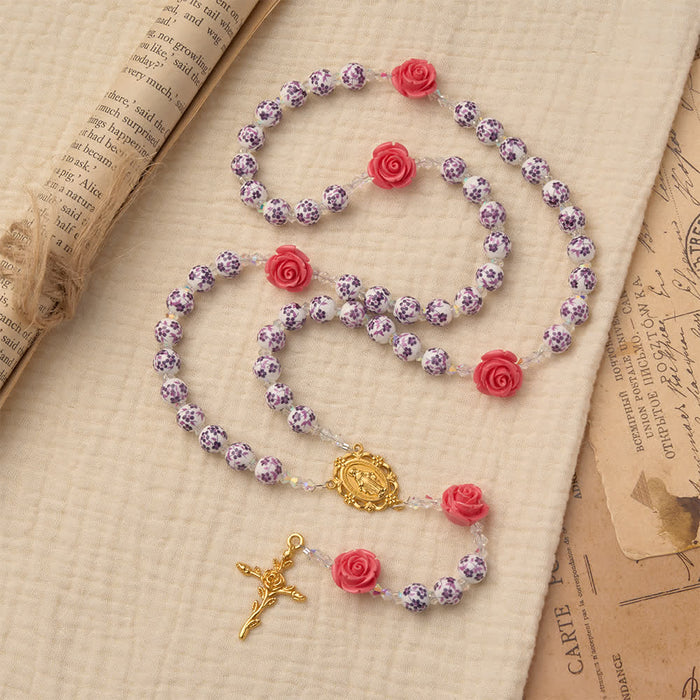 Spring Grace Purple Floral Rosary with Pink Rose and Cross