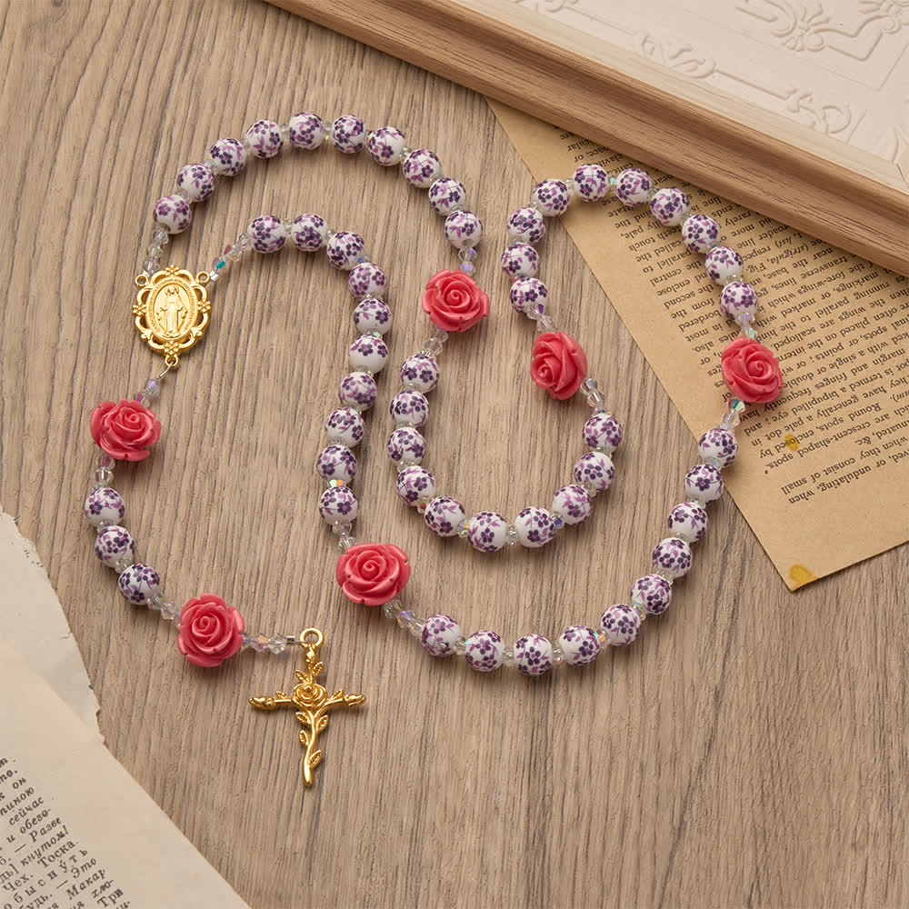 Spring Grace Purple Floral Rosary with Pink Rose and Cross