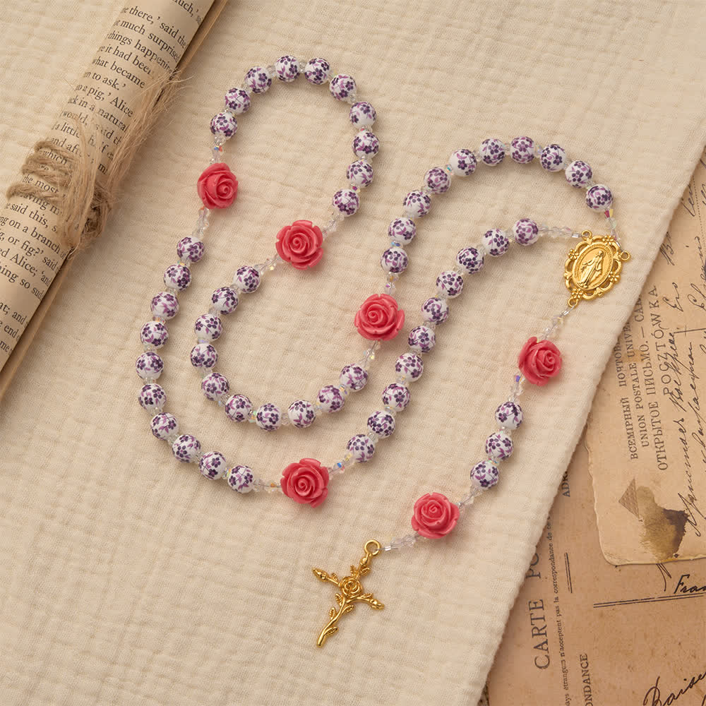 Spring Grace Purple Floral Rosary with Pink Rose and Cross
