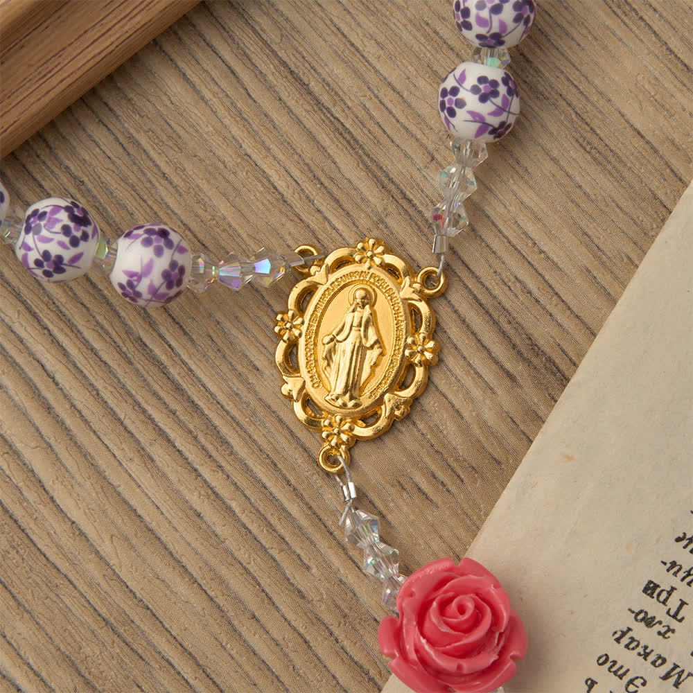 Spring Grace Purple Floral Rosary with Pink Rose and Cross