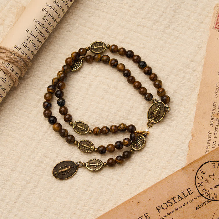 Vintage Bronze & Tiger Eye Rosary Bracelet with Miraculous Medal