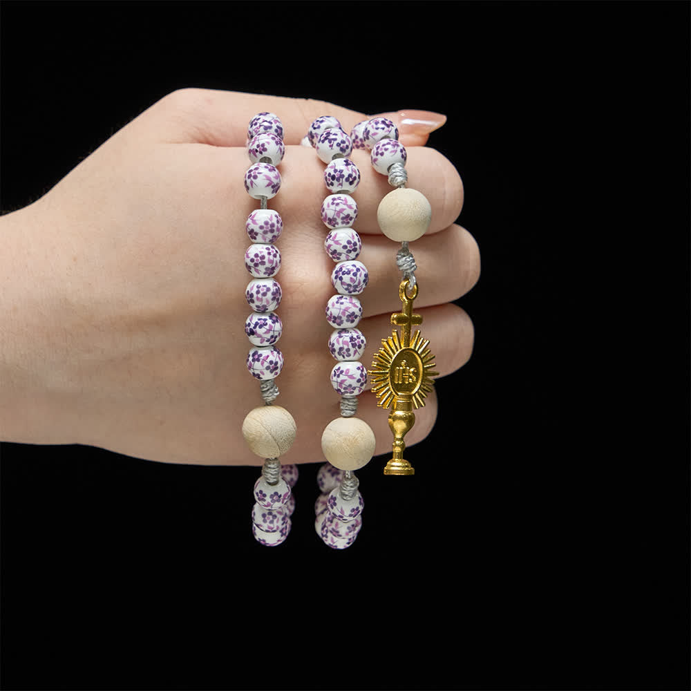 Purple Floral Ceramic & Camphor Wood Rosary with St. Benedict & IHS Chalice