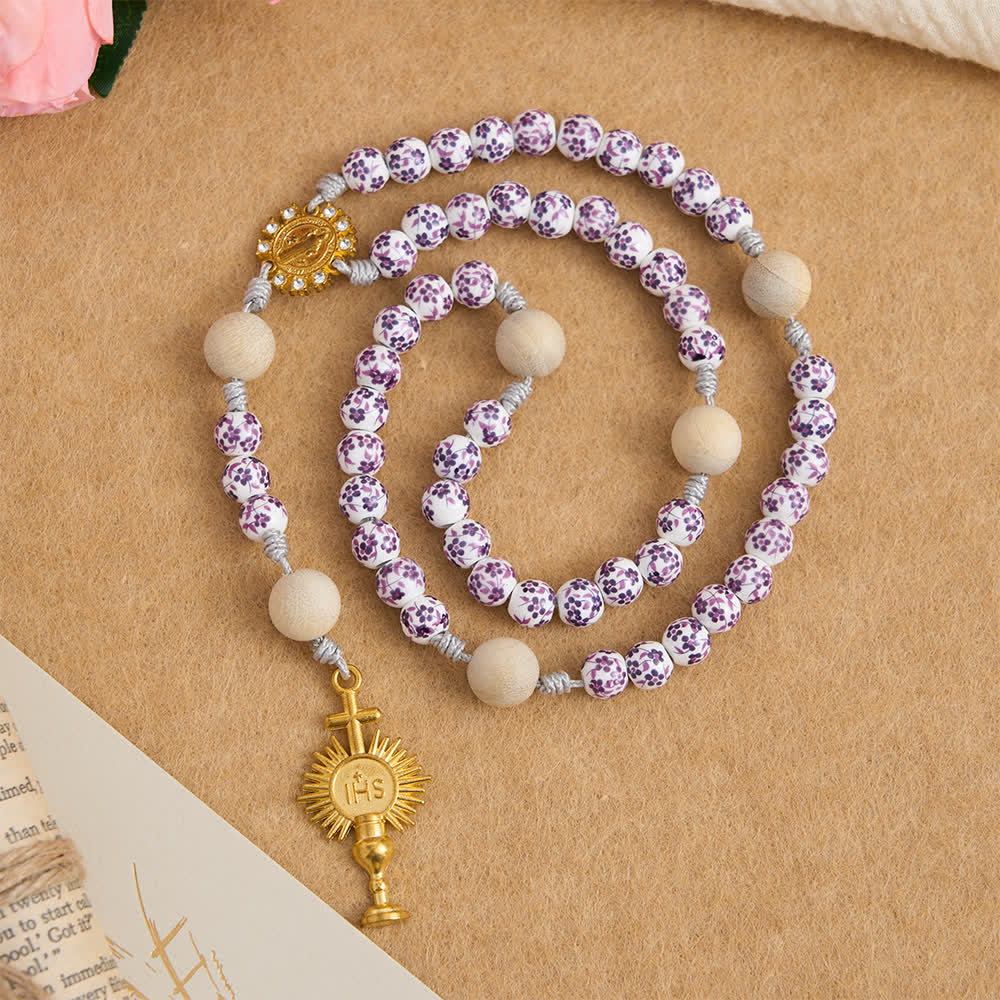 Purple Floral Ceramic & Camphor Wood Rosary with St. Benedict & IHS Chalice