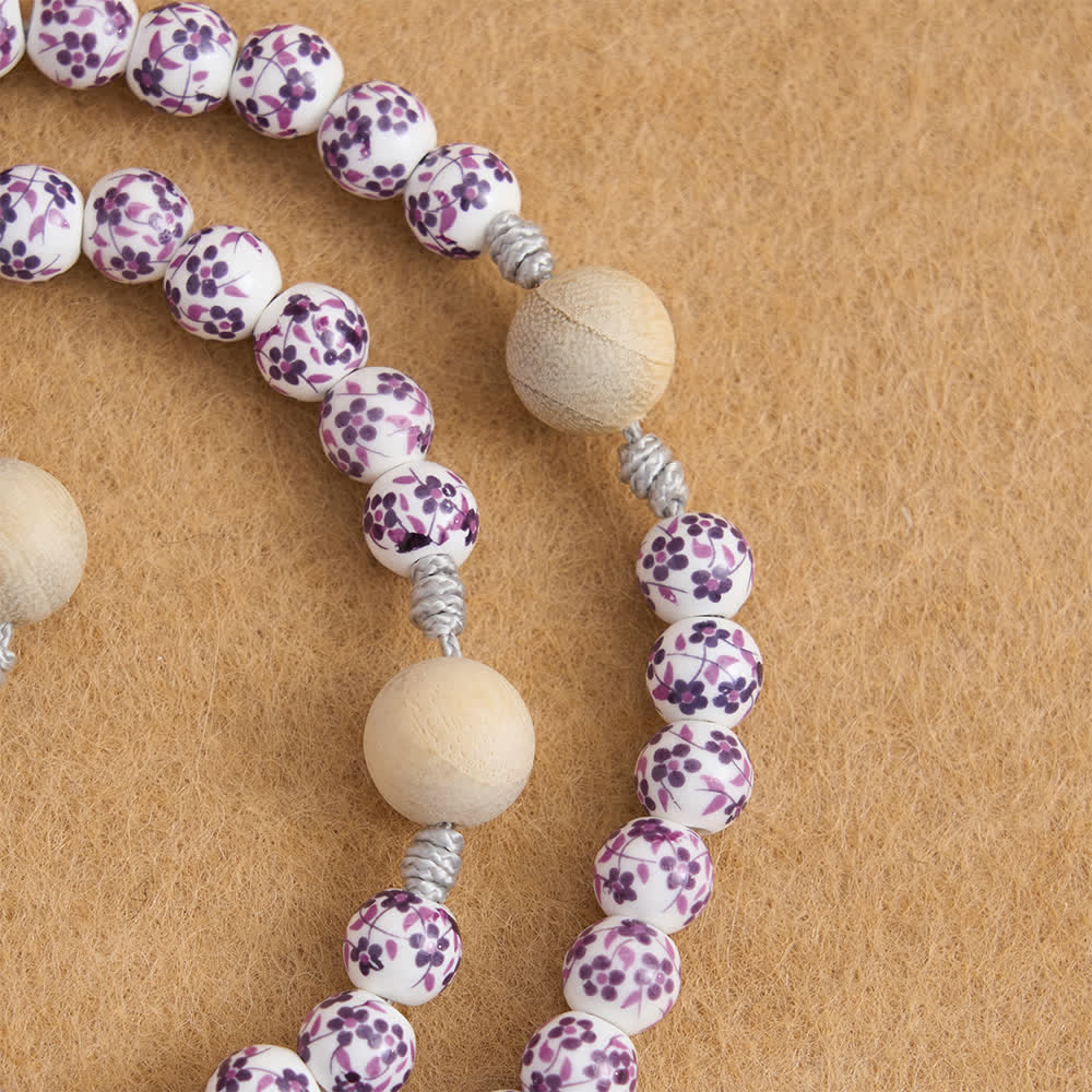 Purple Floral Ceramic & Camphor Wood Rosary with St. Benedict & IHS Chalice
