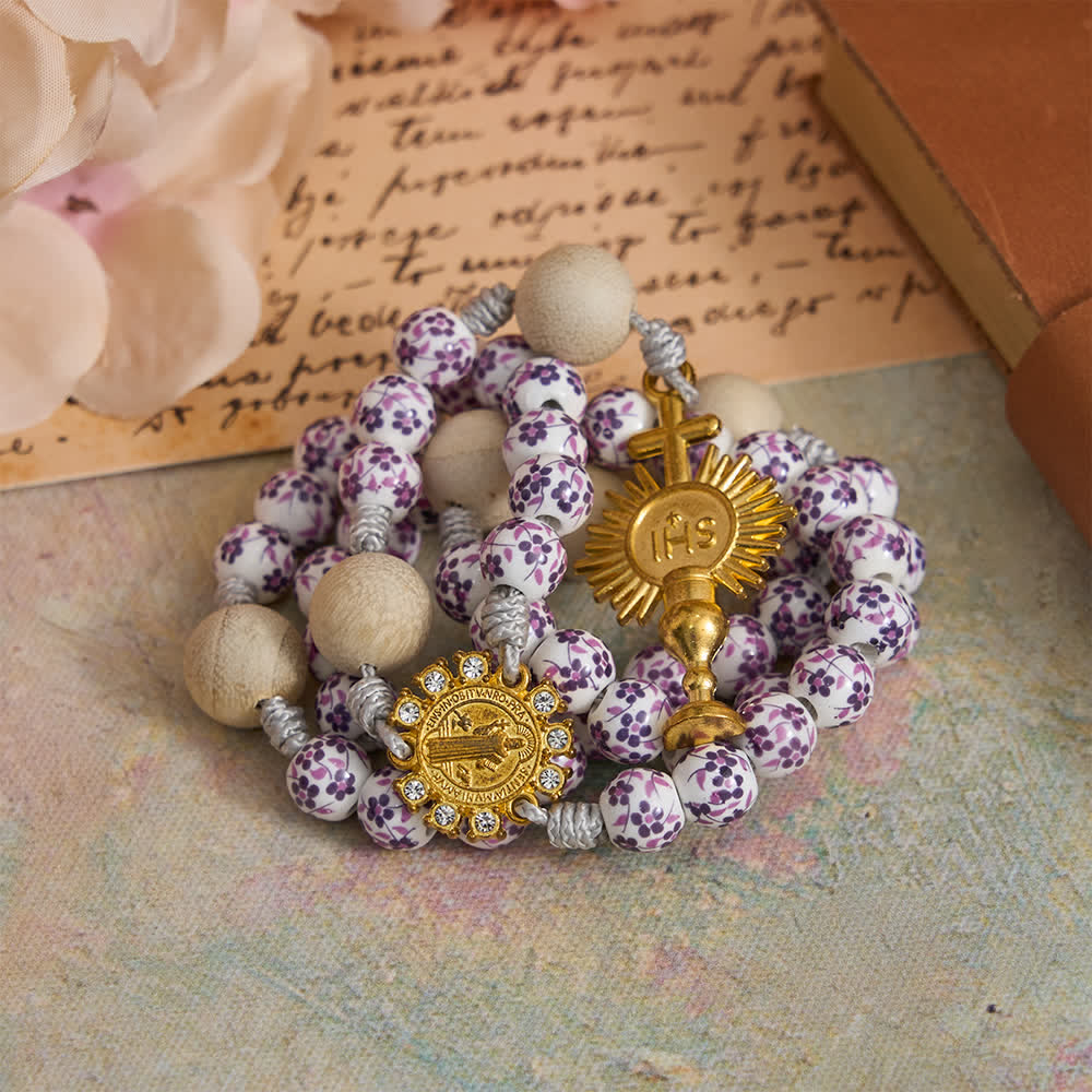 Purple Floral Ceramic & Camphor Wood Rosary with St. Benedict & IHS Chalice