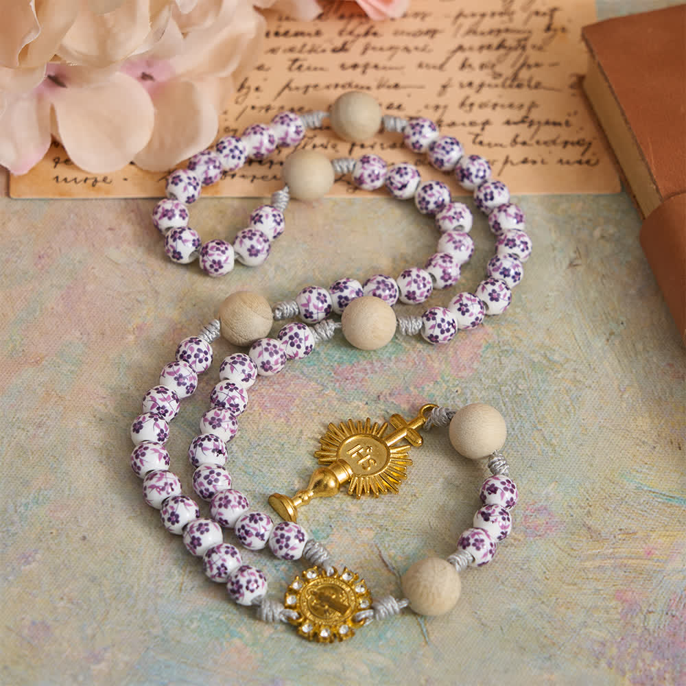 Purple Floral Ceramic & Camphor Wood Rosary with St. Benedict & IHS Chalice