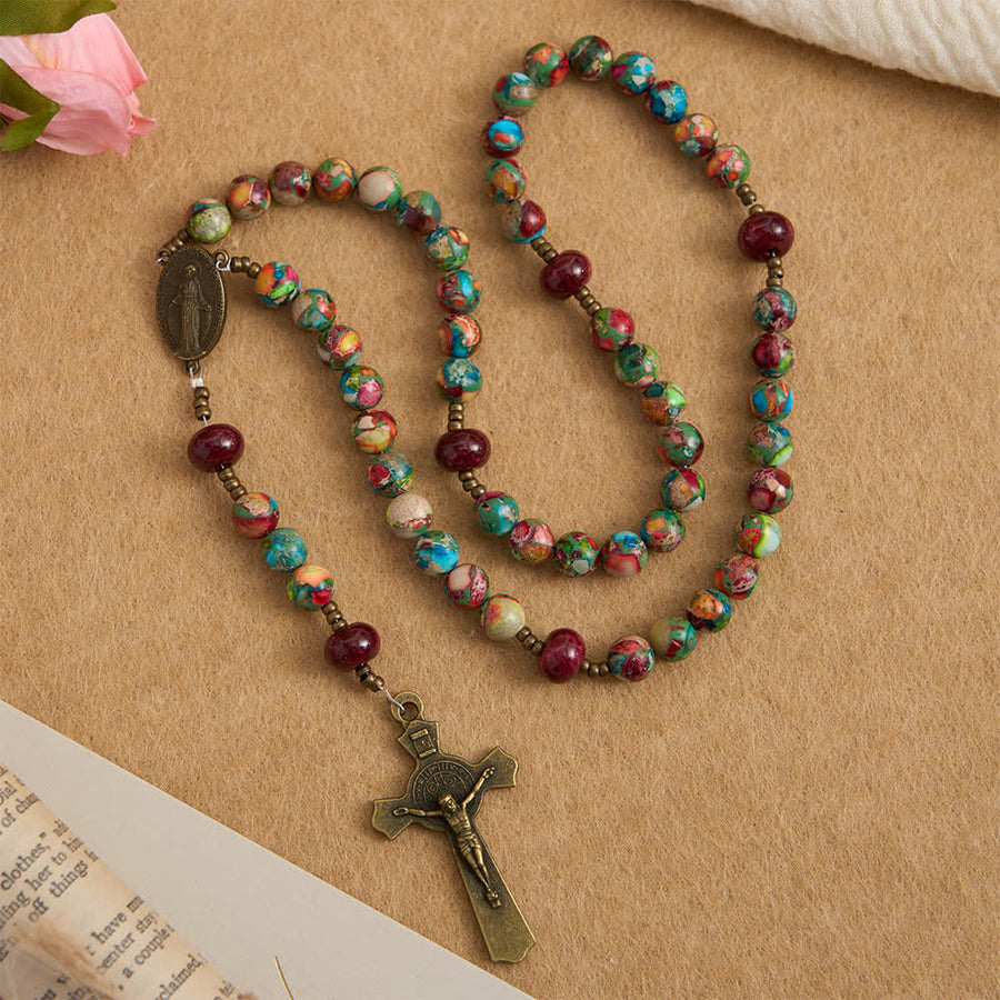 Vintage Colorful Emperors Stone Rosary with Our Lady Medal & Antique Cross