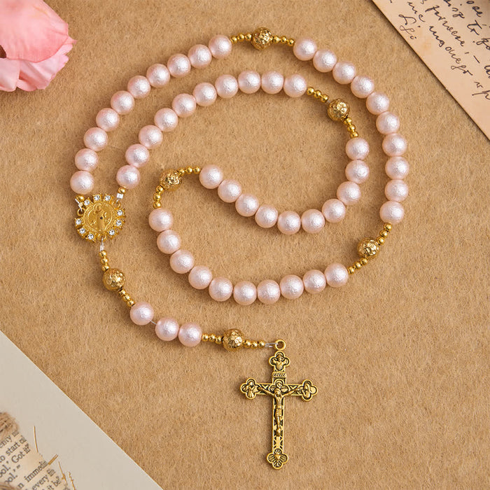 Vintage Wrinkle Pink & Golden Rosary with St. Benedict Medal