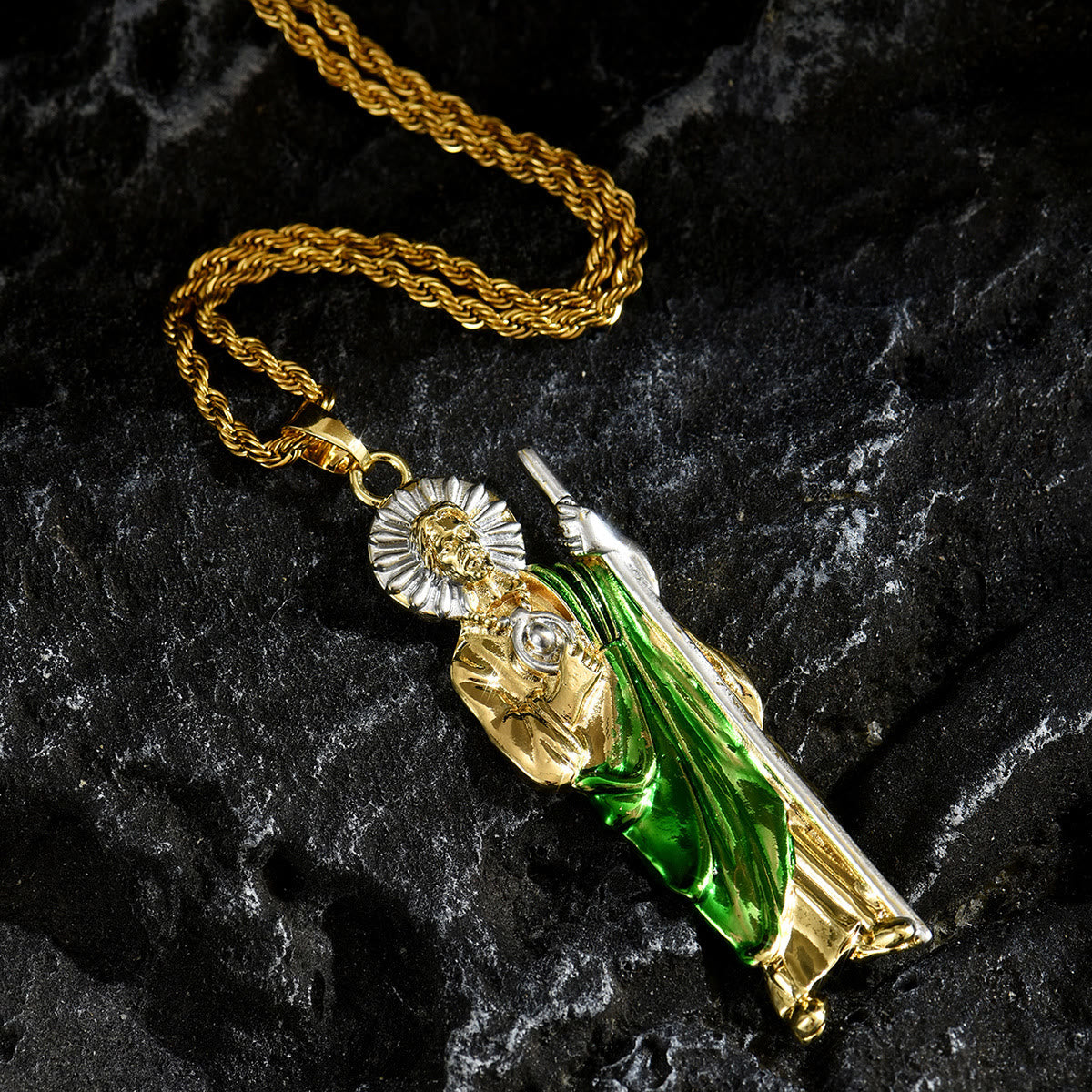 St. Jude Pendant Necklace in Four Sizes with Vibrant Green Robe: A Symbol of Hope and Divine Protection
