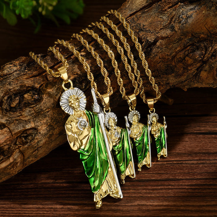 St. Jude Pendant Necklace in Four Sizes with Vibrant Green Robe: A Symbol of Hope and Divine Protection