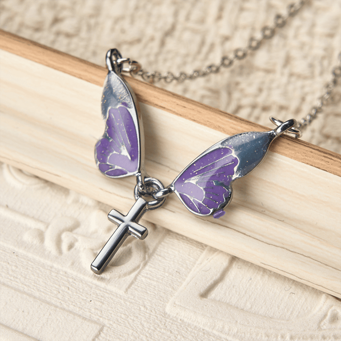 Whimsical Butterfly Wing Cross Pendant Necklace: A Dazzling Symbol of Divine Light and Hope