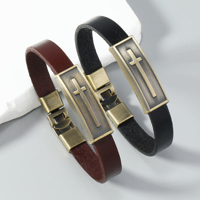 Vintage Leather Cross Bracelet with Antique Metal Plaque: A Symbol of Rugged Faith