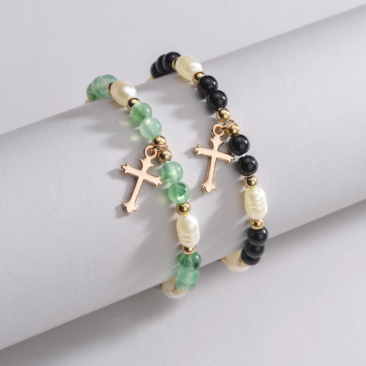 Stackable Beaded Cross Bracelet Duo: An Emblem of Steadfast Belief and Versatile Beauty