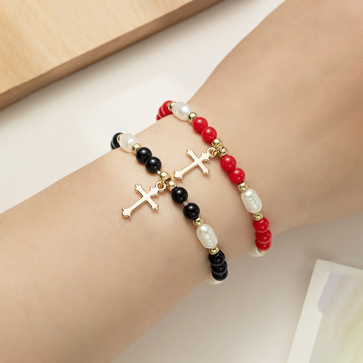 Stackable Beaded Cross Bracelet Duo: An Emblem of Steadfast Belief and Versatile Beauty