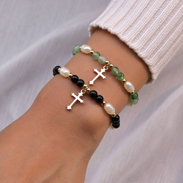 Stackable Beaded Cross Bracelet Duo: An Emblem of Steadfast Belief and Versatile Beauty