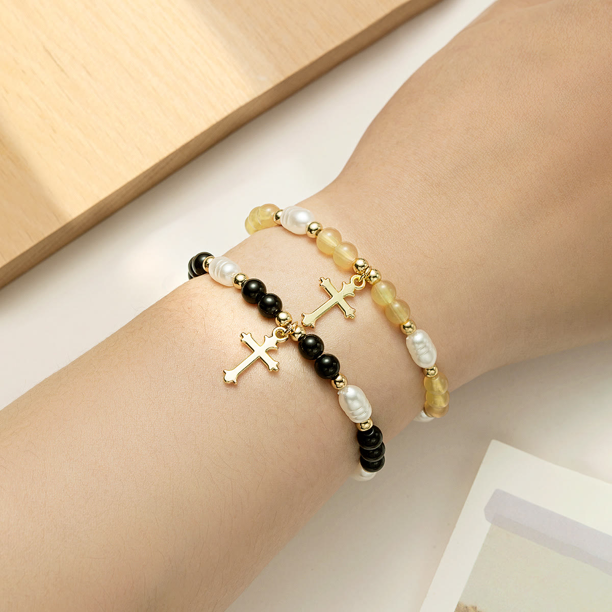 Stackable Beaded Cross Bracelet Duo: An Emblem of Steadfast Belief and Versatile Beauty