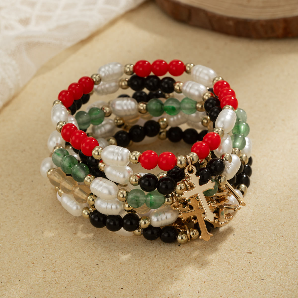 Stackable Beaded Cross Bracelet Duo: An Emblem of Steadfast Belief and Versatile Beauty